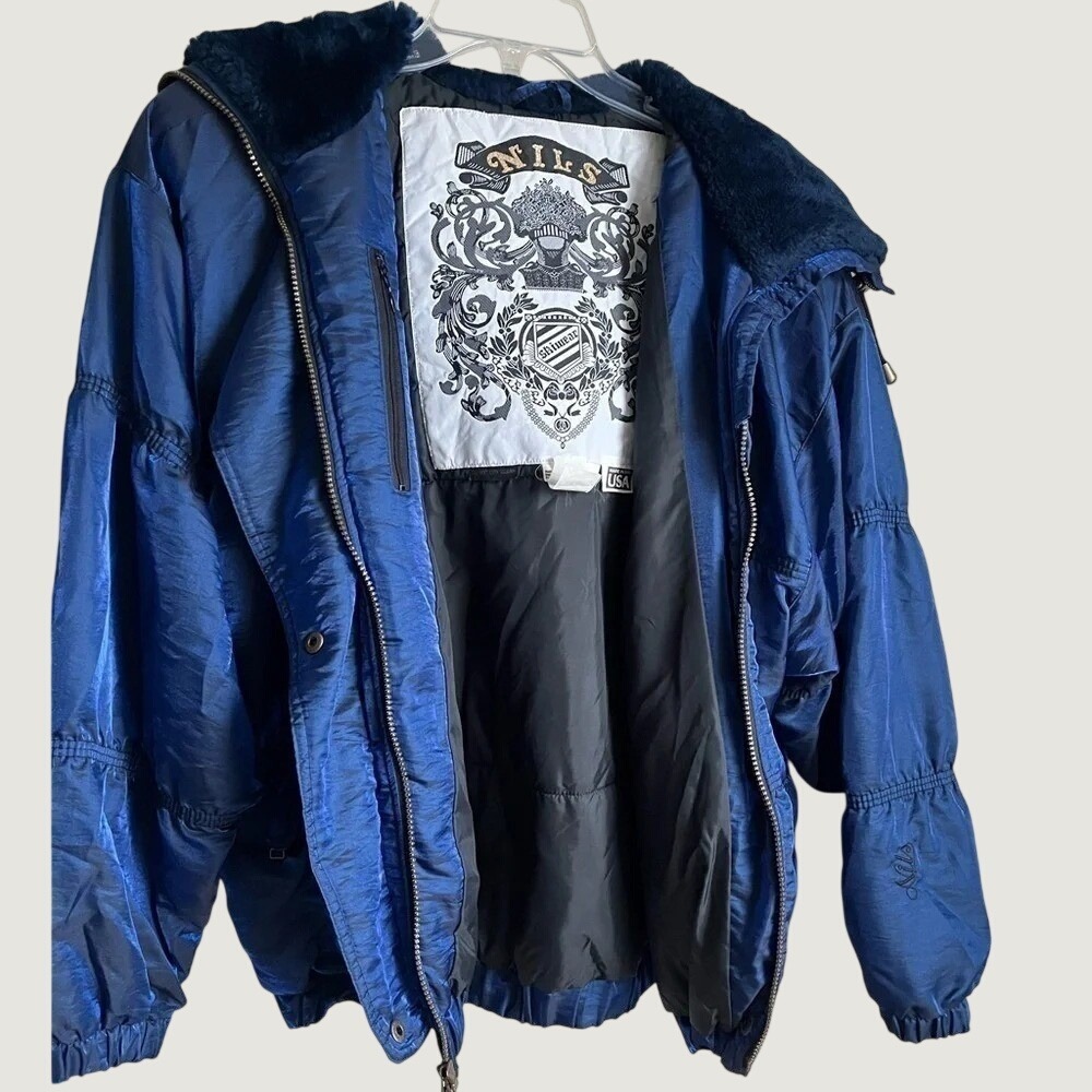 NILS Hooded Ski Jacket Vintage Womens 12 Iridescent Blue Retro Snow Winter Warm - Picture 2 of 13